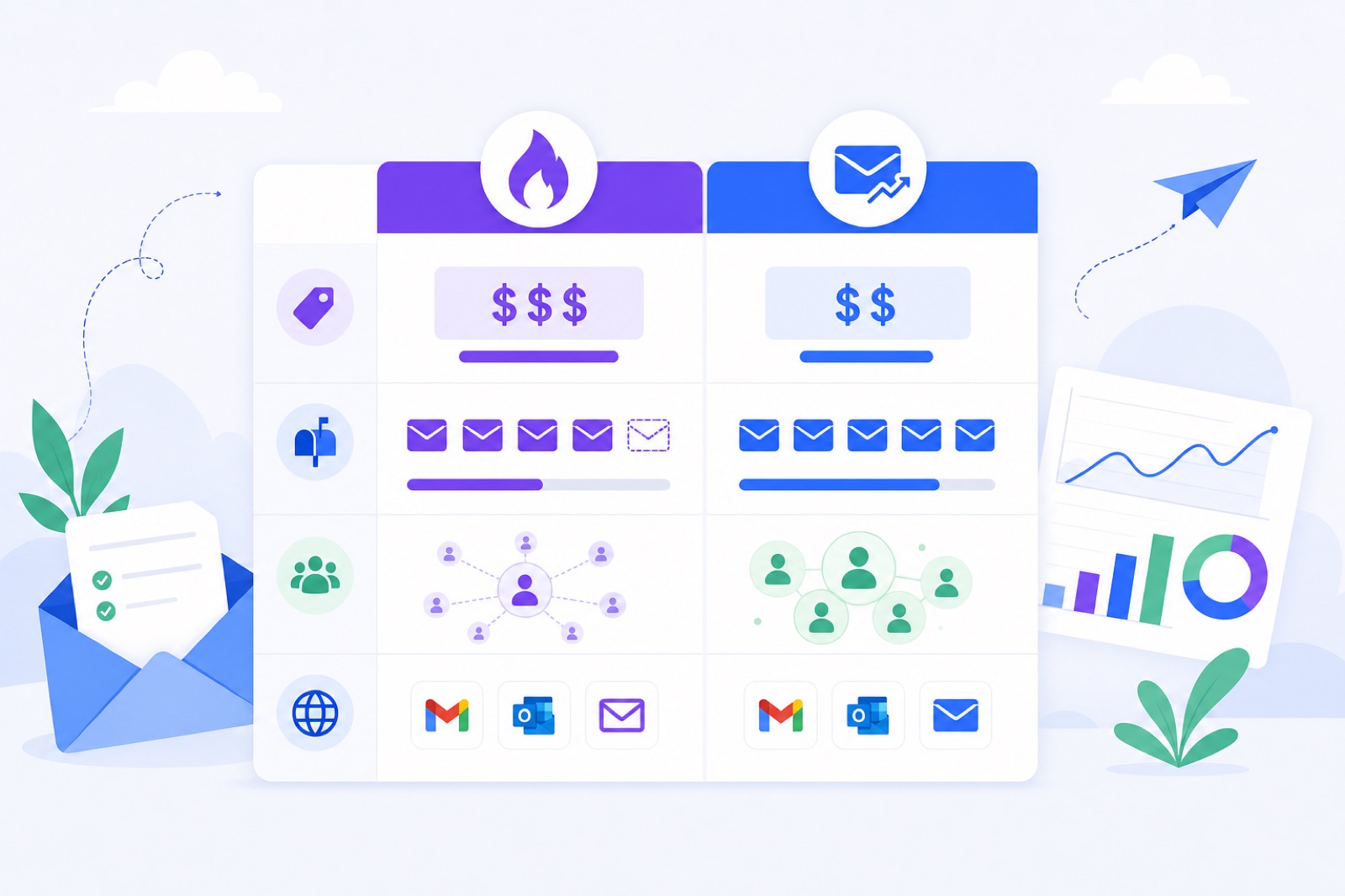Comparison of Lemwarm and BobWork Email Warm-up by price, pool type, providers, and mailbox limits