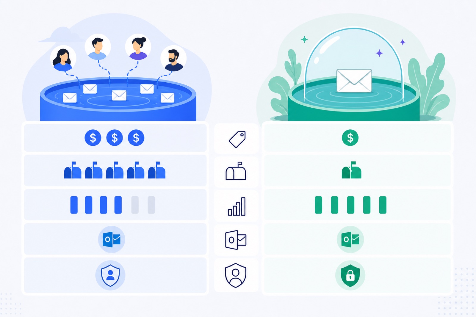 Comparison of Mailwarm and BobWork Email Warm-up pricing, pool type, mailbox limits and provider support
