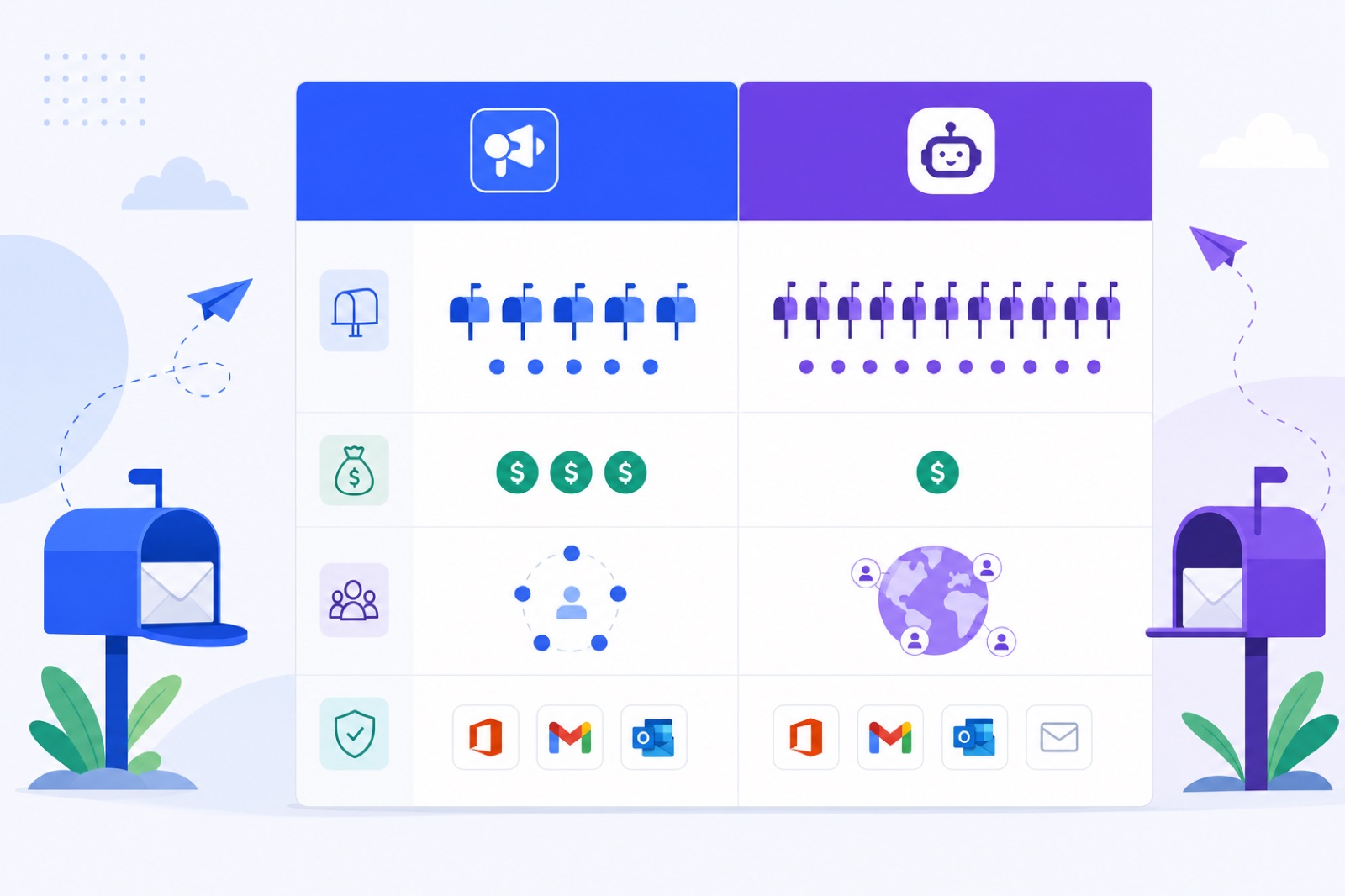 Smartlead and BobWork Email Warm-up comparison table with mailbox costs and warm-up limits