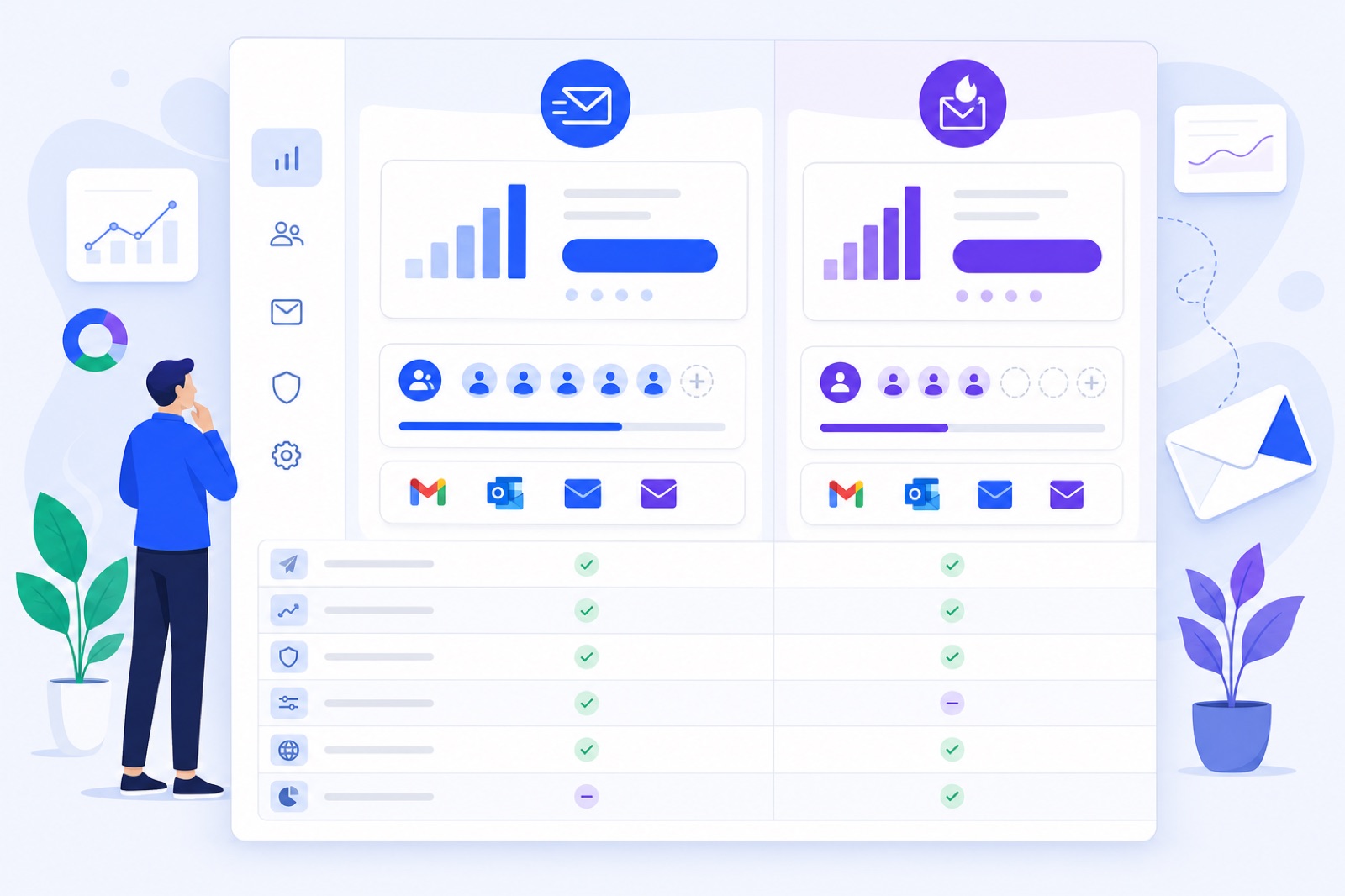 Side-by-side email warm-up comparison with pricing, mailbox limits and checklist