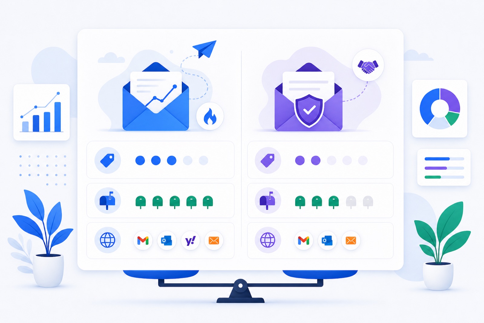 Warmbox and BobWork Email Warm-up comparison table with mailbox costs and provider support.