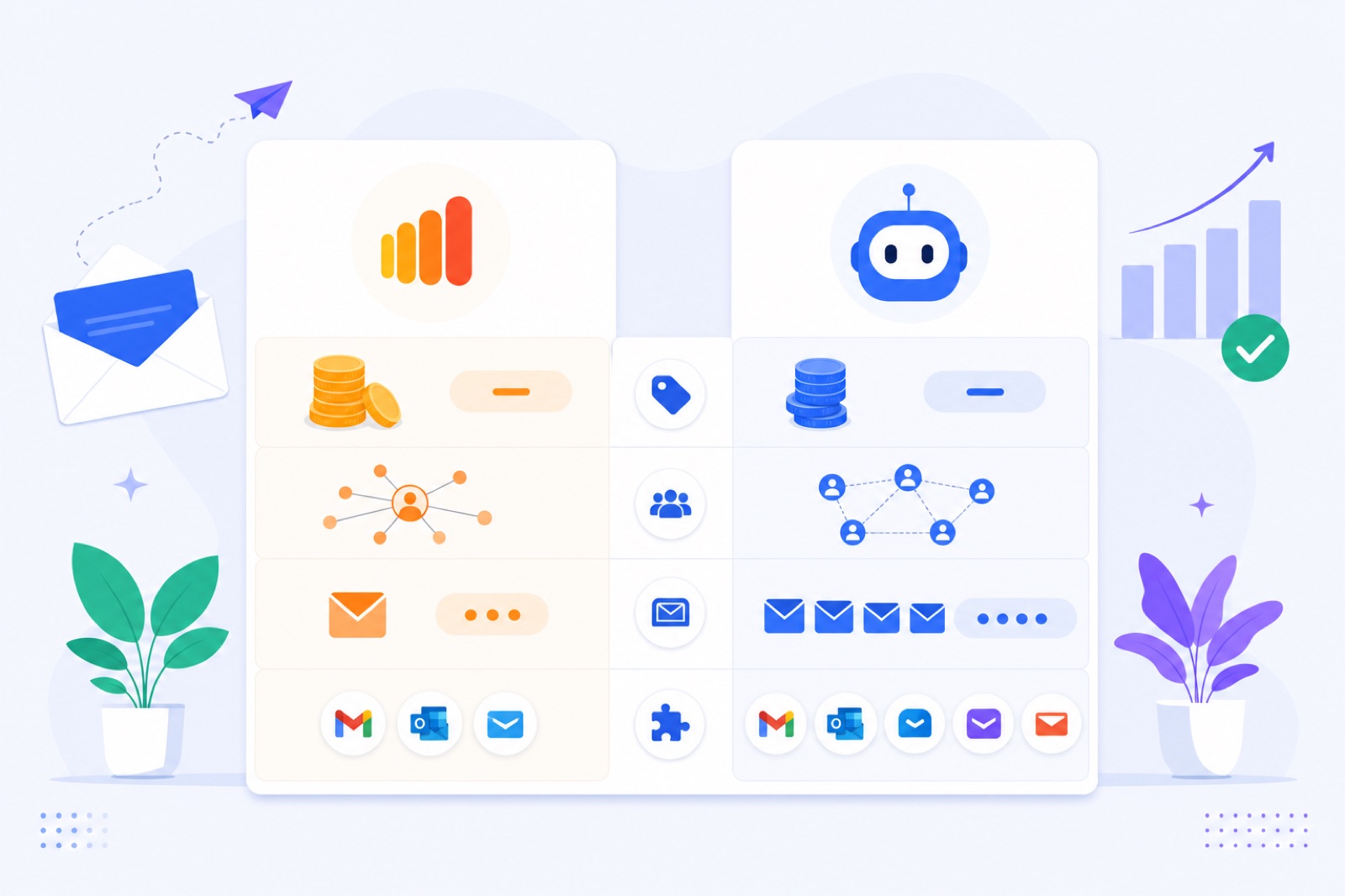 Comparison of Warmy and BobWork Email Warm-up by price, pool type, providers, and mailbox limits