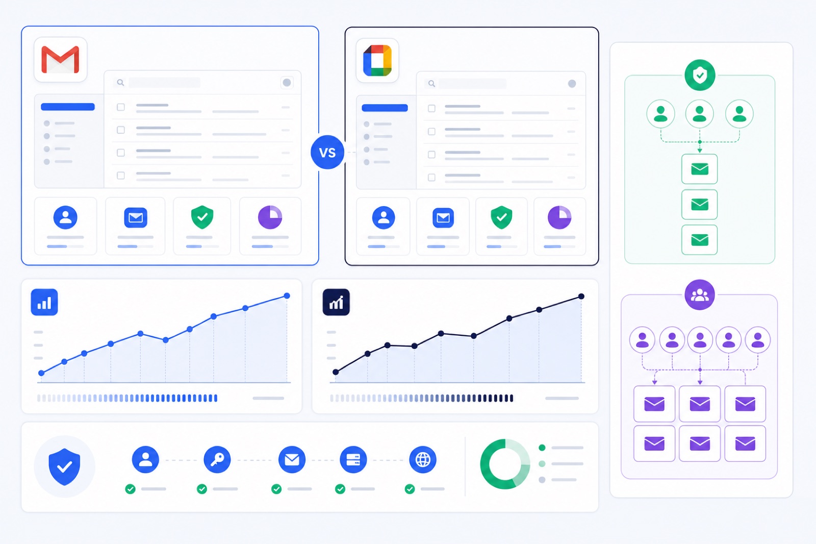 Gmail warm-up tool comparison dashboard with authentication, volume and pool type checks.