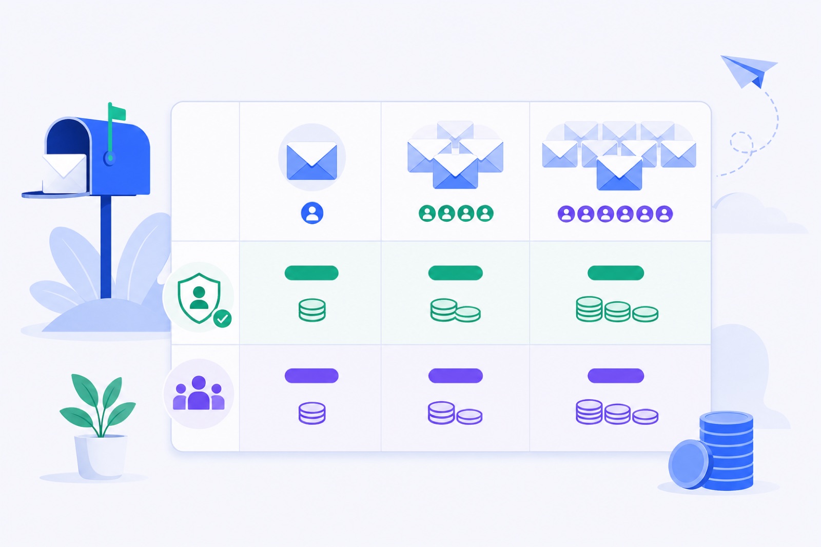 Spreadsheet comparing email warm-up tool pricing for one, five and twenty mailboxes