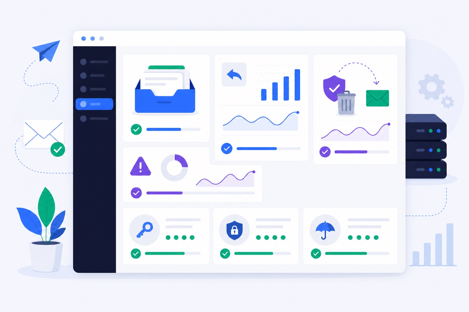 Email warm-up signals dashboard showing inbox placement, replies, spam rescues and authentication checks.
