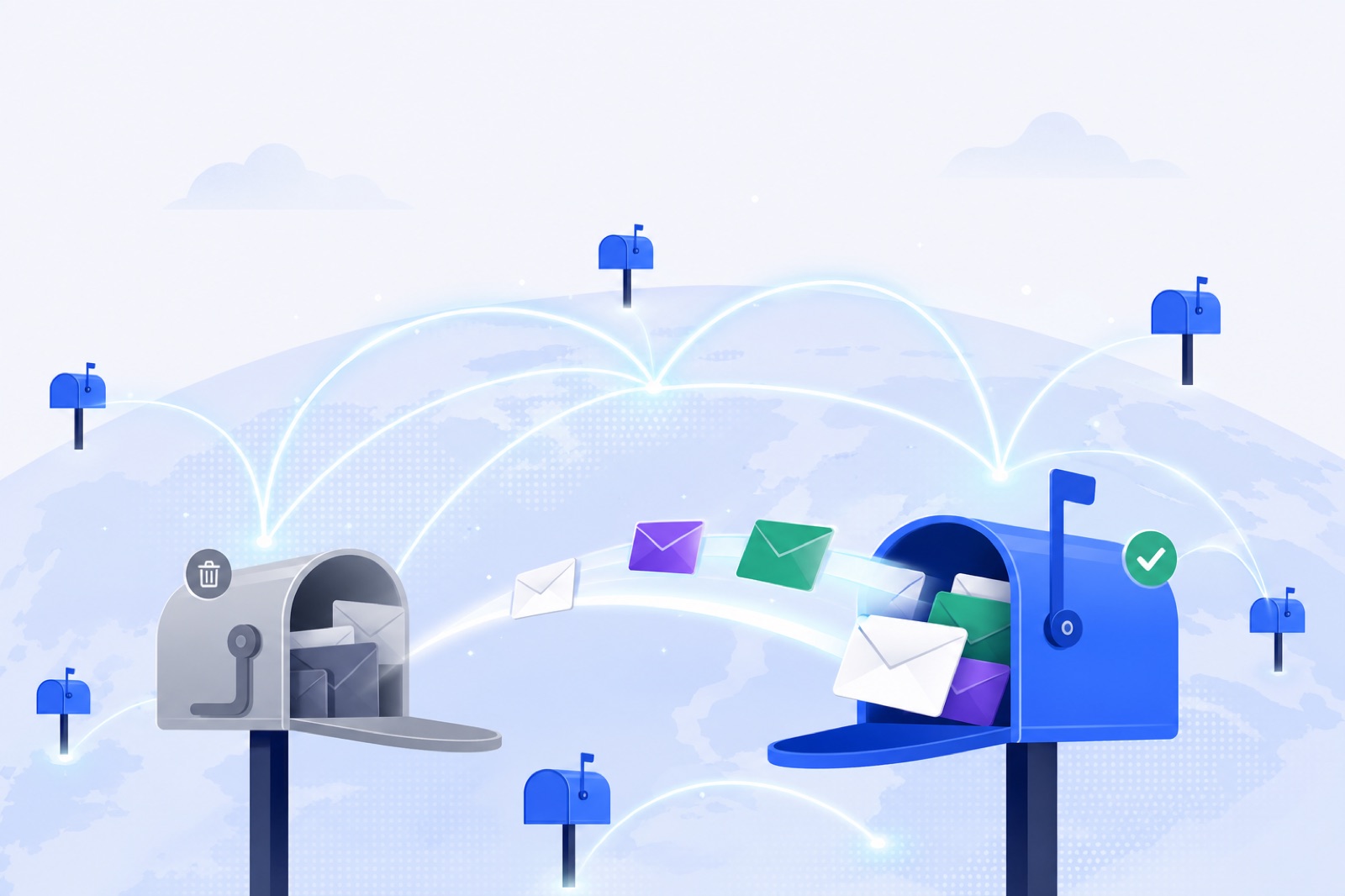 Mailboxes connected by arcs on a globe, with emails being lifted out of spam into the inbox