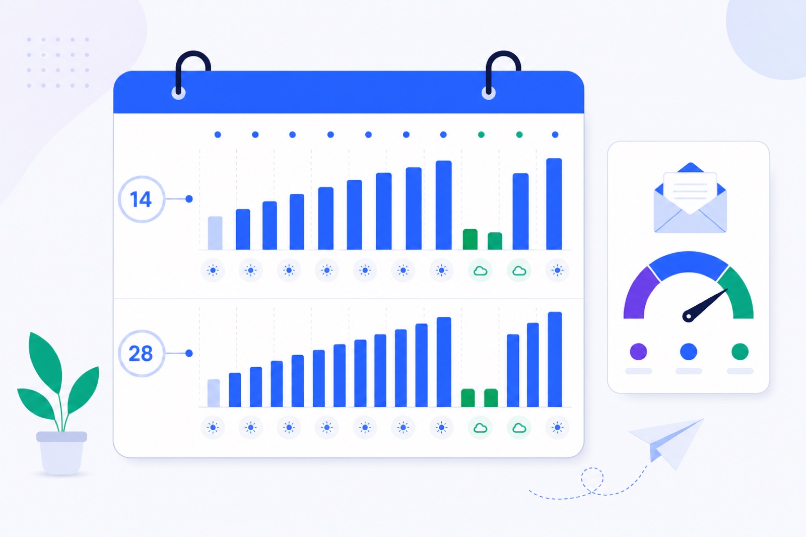 Email warm-up schedule chart with 14-day and 28-day ramps
