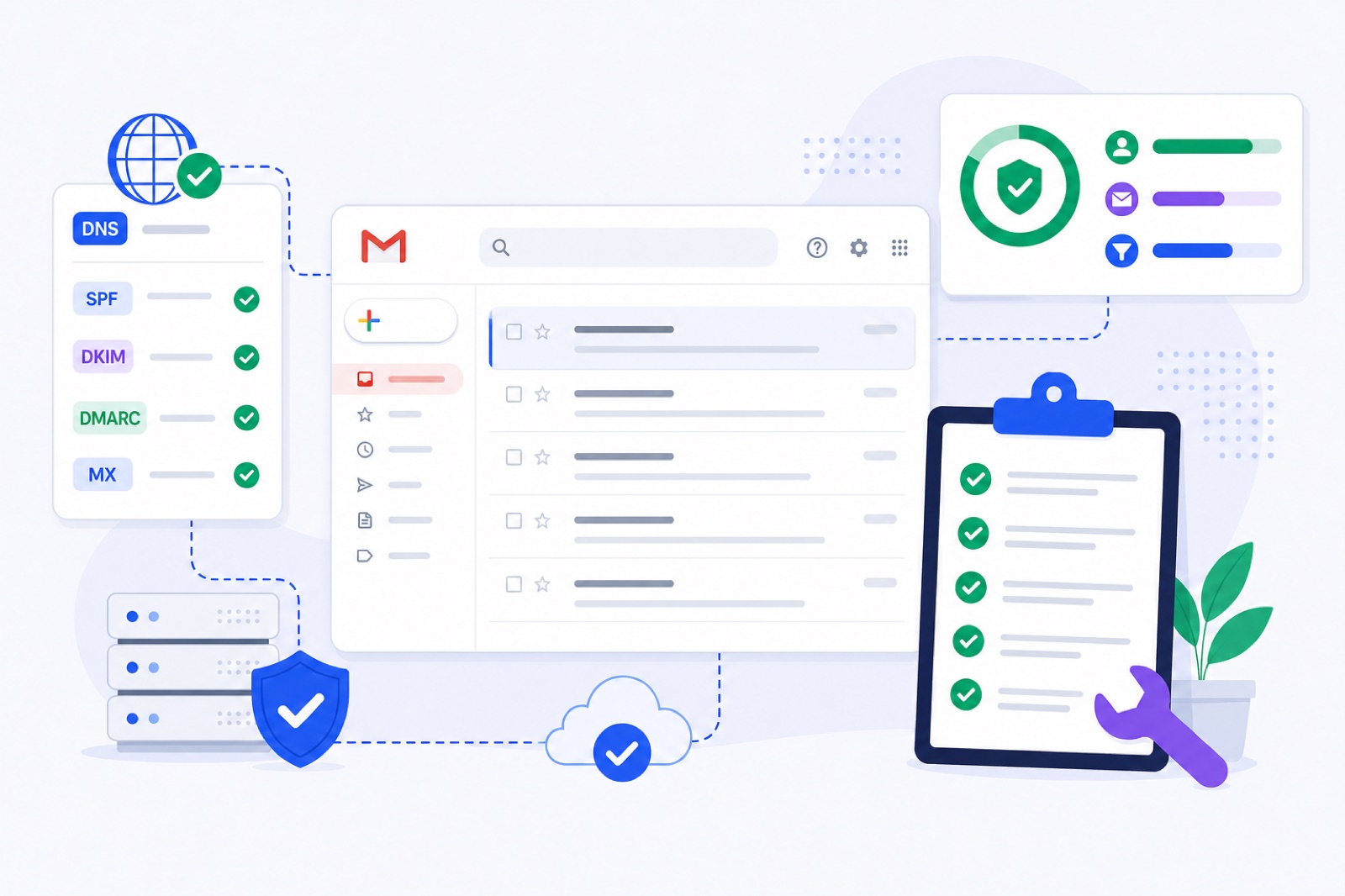 Gmail spam diagnosis checklist with SPF, DKIM, DMARC, content, links, volume and warm-up fixes