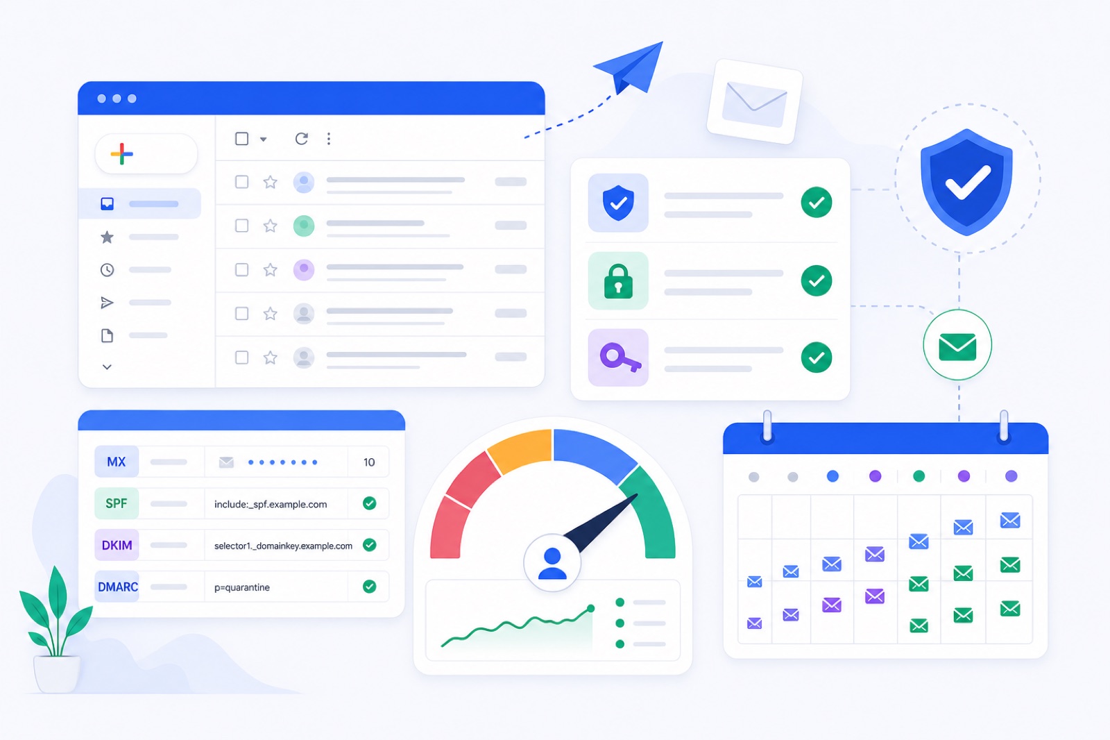Gmail spam troubleshooting dashboard with DNS checks, complaint-rate targets and warm-up schedule