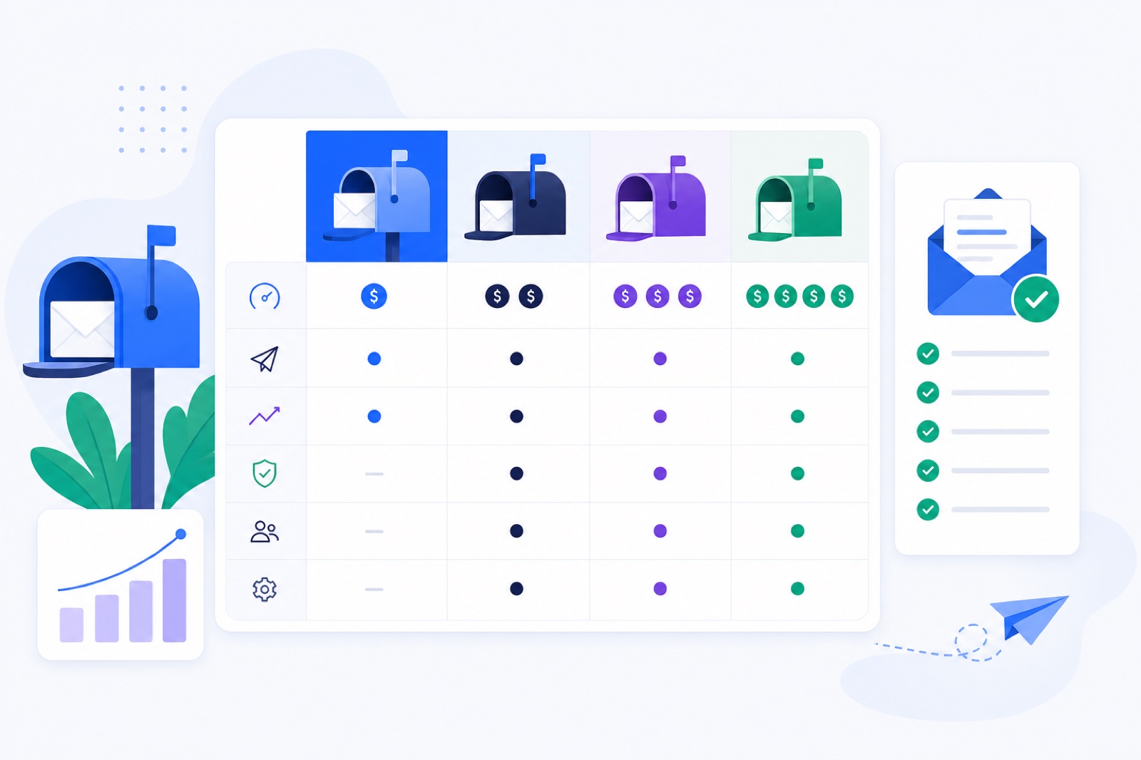 Comparison table of free and paid Mailwarm alternatives by price and mailbox fit