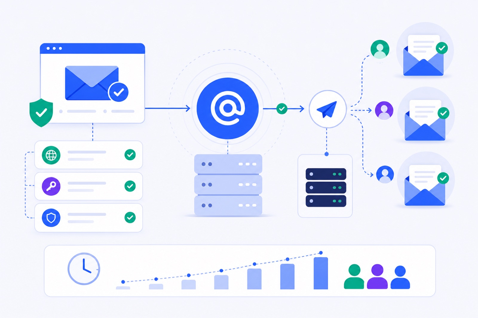Mailgun warm-up flow showing domain DNS records, SMTP credentials, receiving inboxes and a daily ramp schedule